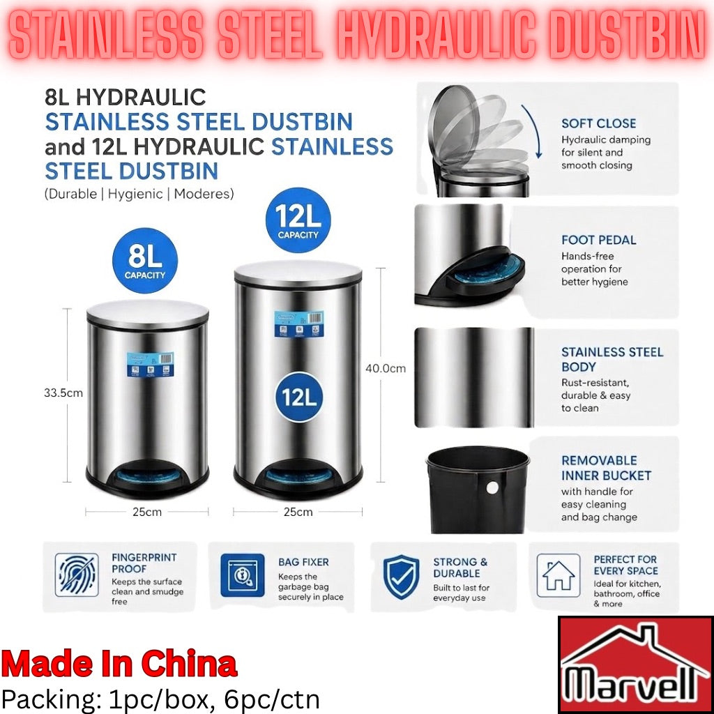 A product infographic for stainless steel hydraulic dustbins in 8L and 12L capacities, showing three bin models with dimensions, feature callouts, and icons on a white background with a red 'Made in China' banner and a Marvel logo.