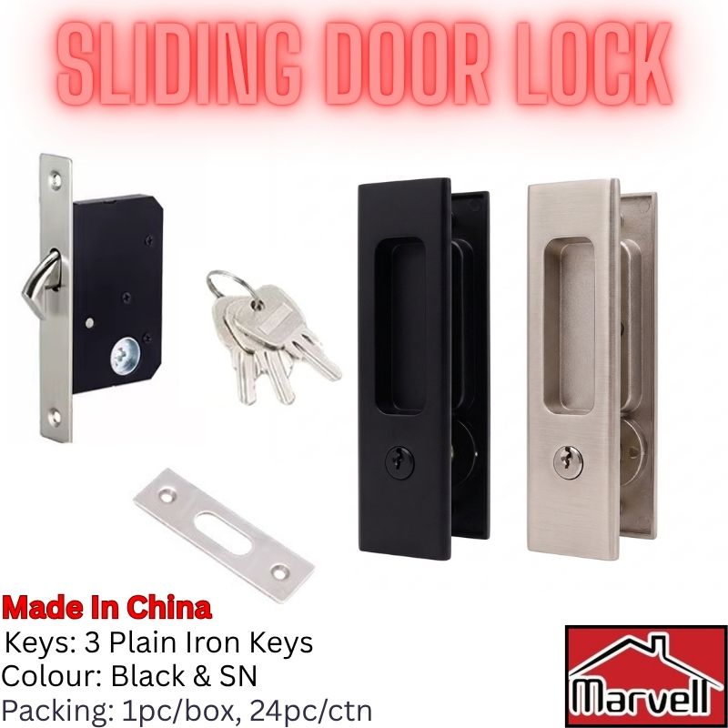 A set of sliding door lock hardware shown on a white background, including a black and silver latch mechanism, a black handle, a brushed silver handle, three keys, and a mounting plate. Large text at the top reads 'SLIDING DOOR LOCK' and additional text at the bottom lists keys, color, and packing details, with a Marvell logo in the bottom right corner.