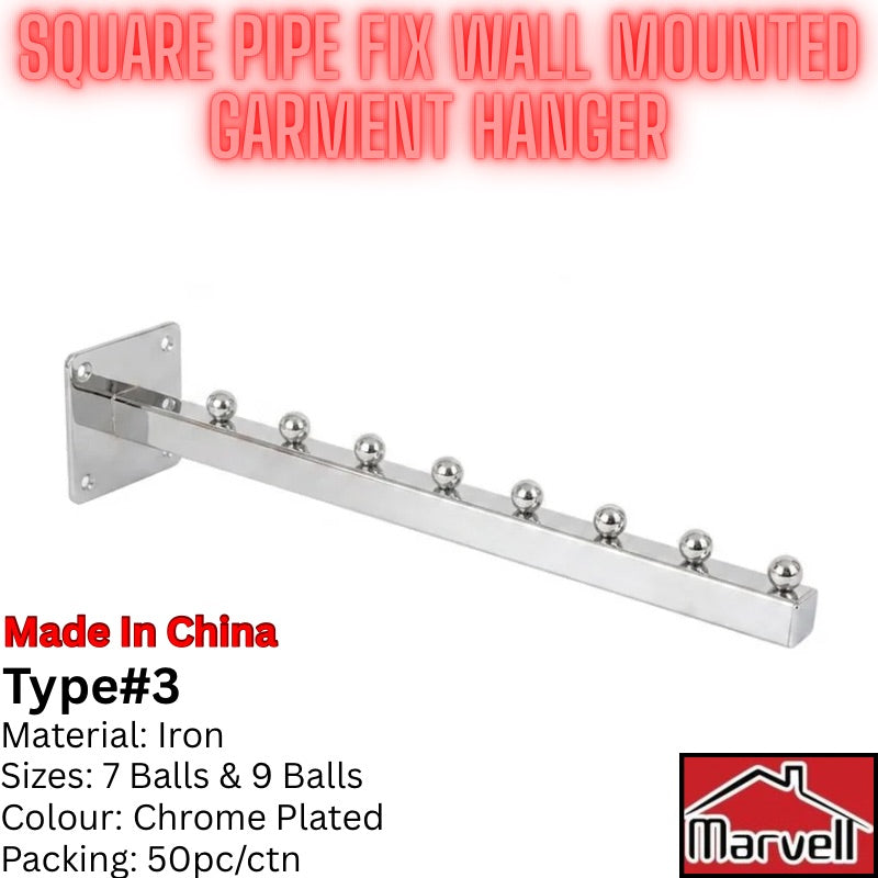 A chrome-plated square pipe wall-mounted garment hanger with nine small hanging balls along the bar, shown on a white background with product text and a Marvell logo.