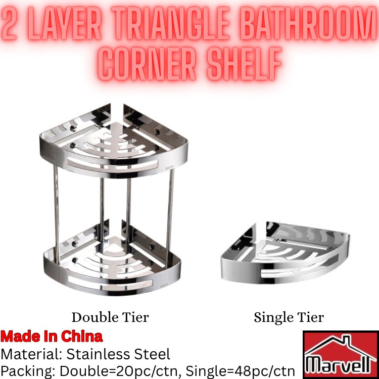 Two stainless steel corner bathroom shelves shown on a white background, labeled Double Tier and Single Tier, with text describing material and packing information and a Marvel logo in the corner.