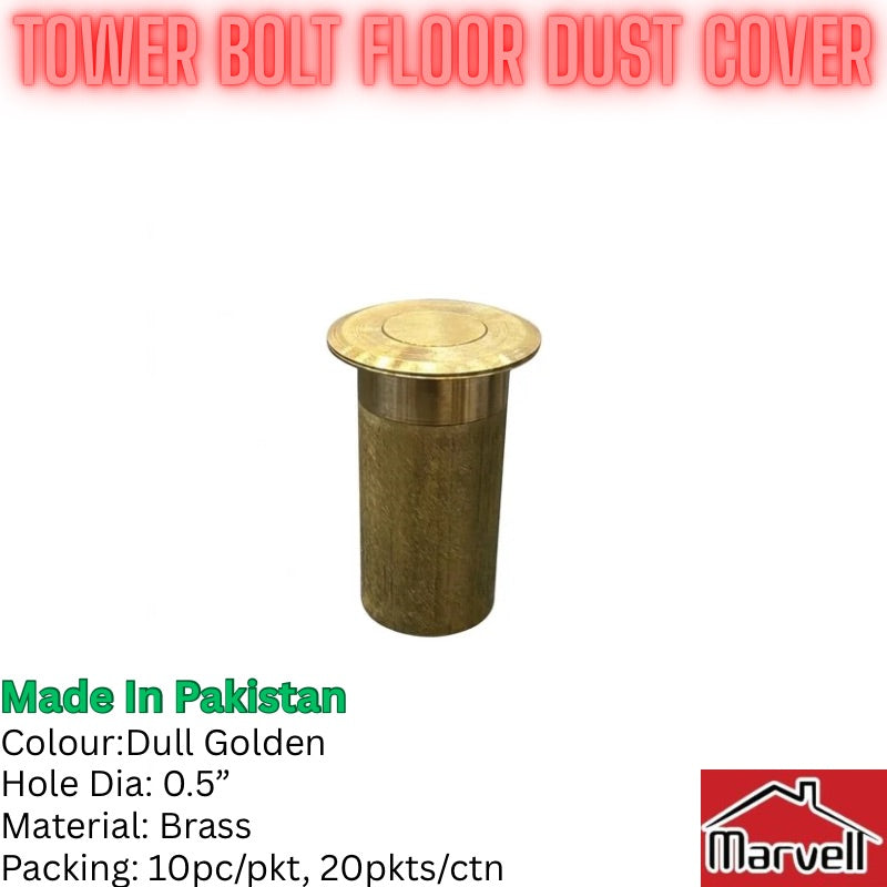 A brass tower bolt floor dust cover with a cylindrical textured body and a flat circular top, shown on a white background with product specifications and a Marvel logo.