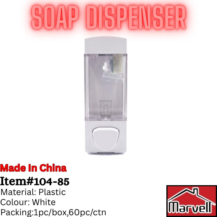 A white plastic soap dispenser bottle with a clear front window showing a brush inside, centered on a white background with red text reading 'SOAP DISPENSER' and product details at the bottom.
