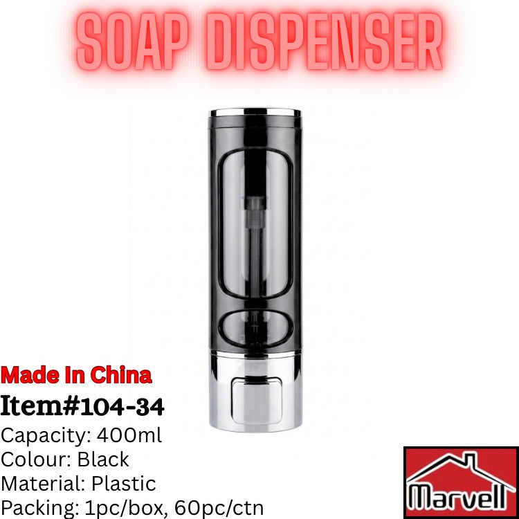 A cylindrical plastic soap dispenser bottle with a black body and silver metallic top and bottom, shown on a white background with red text reading 'SOAP DISPENSER' and product details including 'Made in China', 'Item#104-34', 'Capacity: 400ml', 'Colour: Black', 'Material: Plastic', and 'Packing: 1pc/box, 60pc/ctn'. A 'Marvell' logo is visible in the bottom right corner.