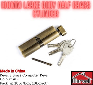 A brass cylinder lock cylinder with three keys and a small screw on a white background, with text reading '100MM LARGE BODY HALF BRASS CYLINDER' and 'Made In China' plus a Marvell logo.