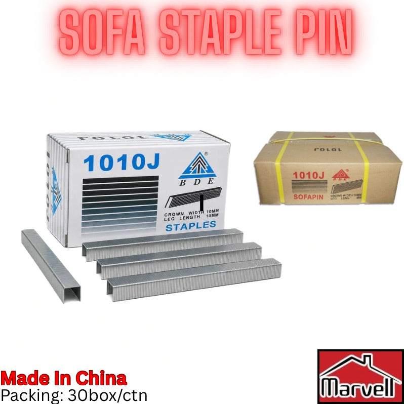 Steel sofa staple pins shown with their retail packaging on a white background, including a white BDE FOLGL box labeled 1010J, a brown cardboard box sealed with a yellow strap, several loose silver metal staples, and red text reading 'SOFA STAPLE PIN' at the top.