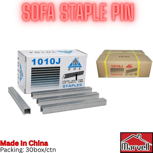 Steel sofa staple pins shown with their retail packaging on a white background, including a white BDE FOLGL box labeled 1010J, a brown cardboard box sealed with a yellow strap, several loose silver metal staples, and red text reading 'SOFA STAPLE PIN' at the top.