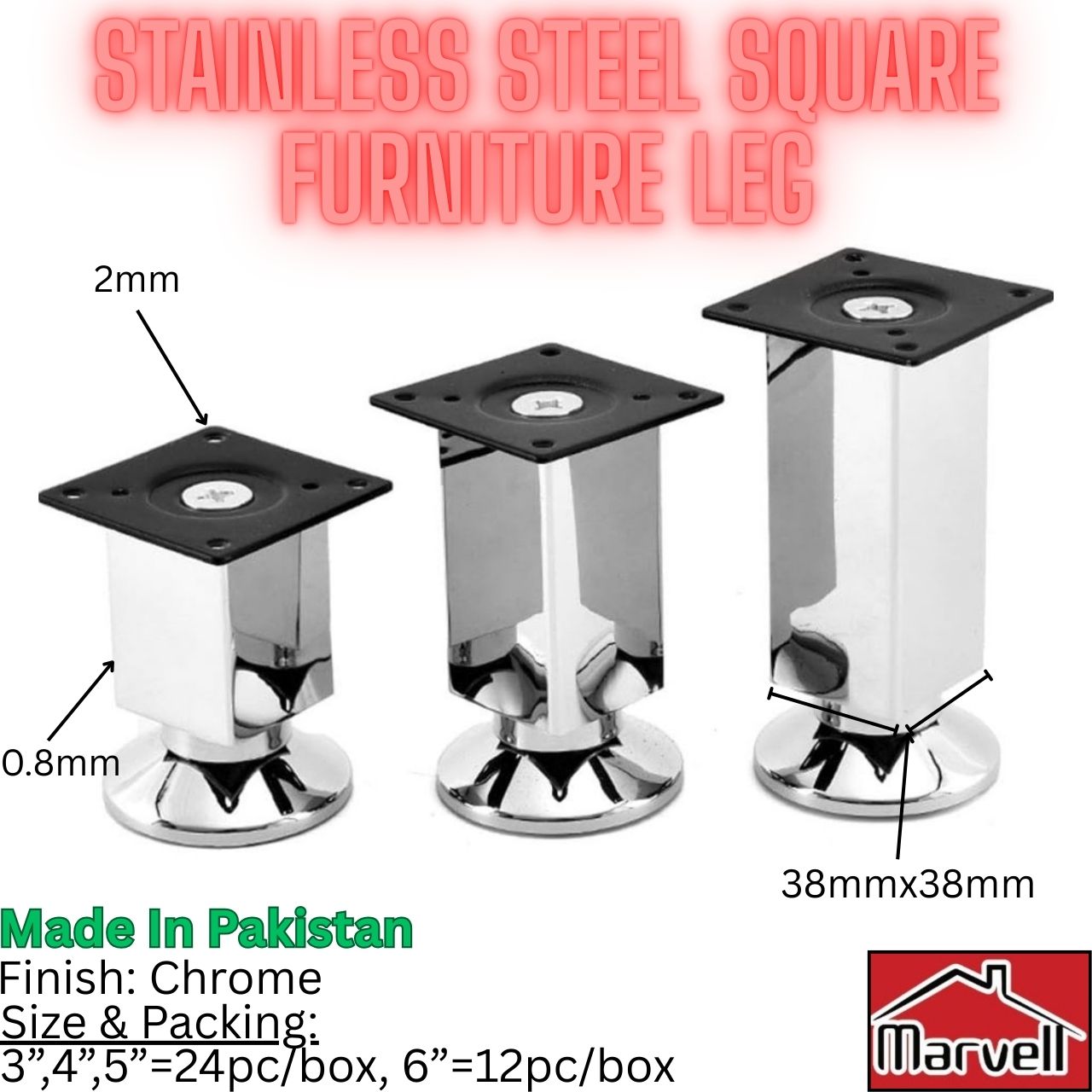 Stainless Steel Furniture Leg 38mm Square Pipe