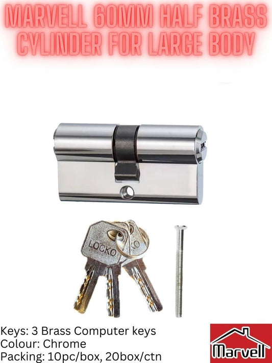Marvell 60mm Half Brass Cylinder with 3 Brass Computer Keys For Large Lock Body