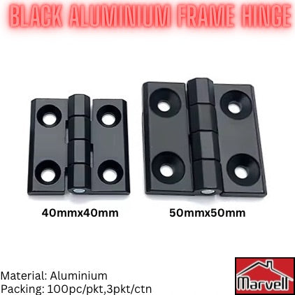 Black aluminium frame hinge shown in 40×40 mm and 50×50 mm sizes, suitable for aluminium profile frames