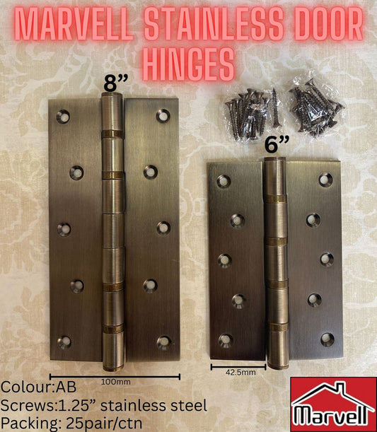 Marvell Stainless Steel Door Hinges 6” & 8” in AB Colour