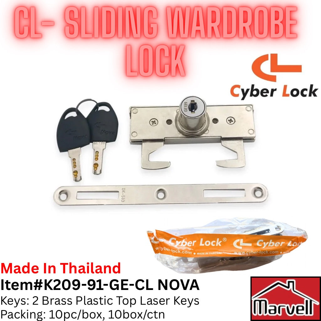 Cyber Lock Nova CL sliding wardrobe lock with brass keys for cabinets and sliding doors made in Thailand