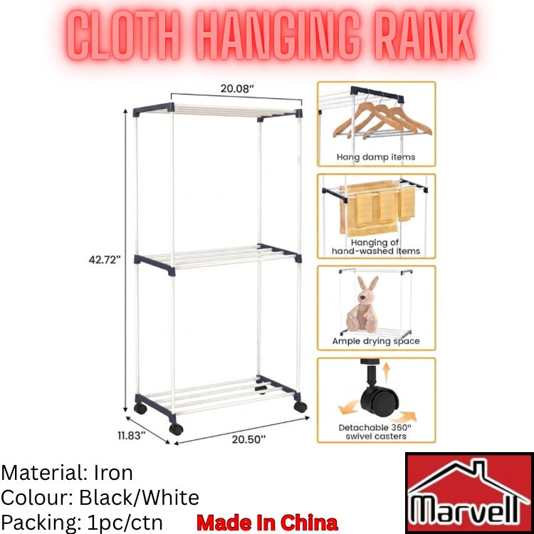 A three-tier cloth hanging rack with dimensions shown, featuring black and white metal frames, black wheels, and inset usage examples. Text includes 'CLOTH HANGING RANK,' material/color/packing details, and a Marvell logo.