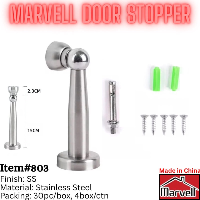 Stainless steel Marvell magnetic door stopper Item 803 with mounting screws and wall plugs
