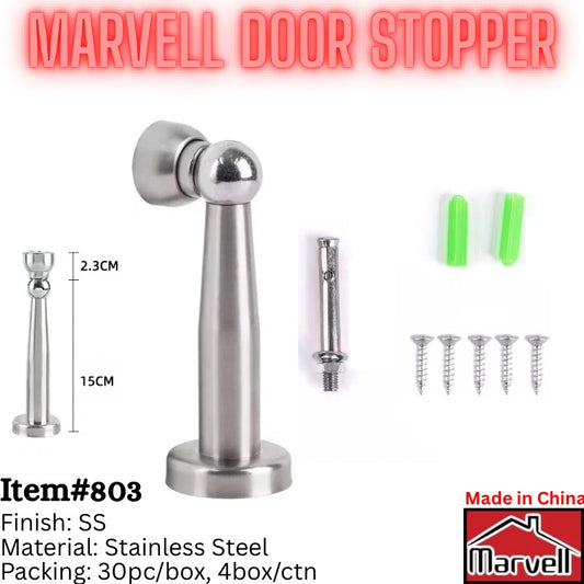 Stainless steel Marvell magnetic door stopper Item 803 with mounting screws and wall plugs

