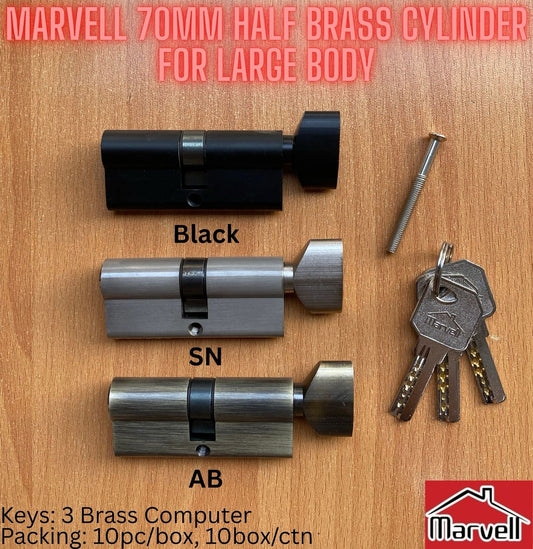 Marvell 70mm Half Brass Cylinder With 3 Brass Computer Keys For Large Lock Body