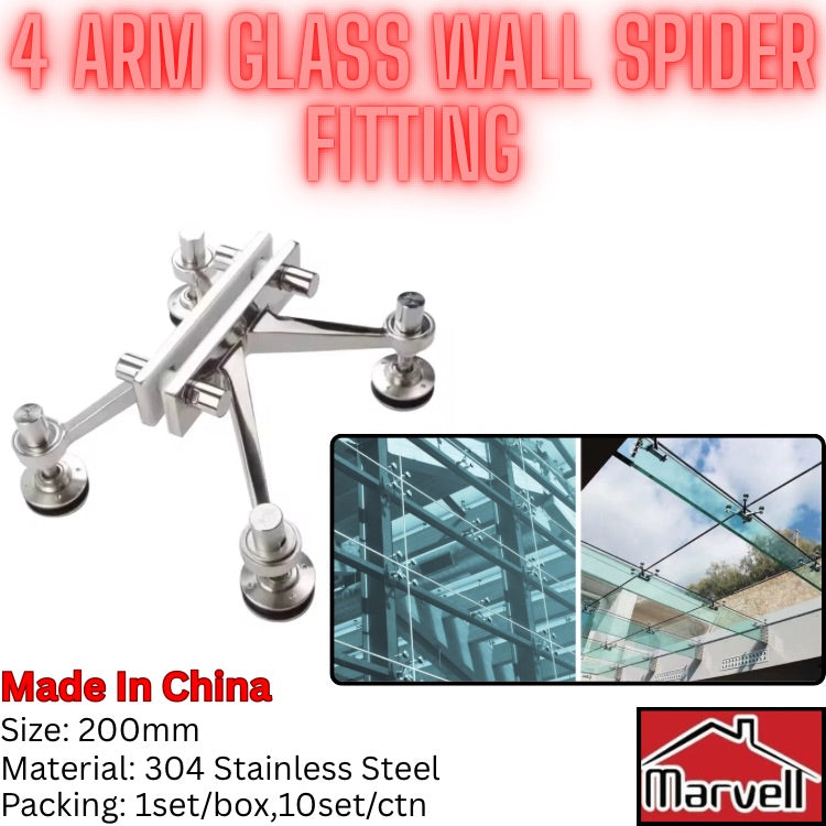 Four-arm glass wall spider fitting made of 304 stainless steel, shown on a white background with product specifications, two inset photos of glass curtain wall installations, and a Marvell logo.