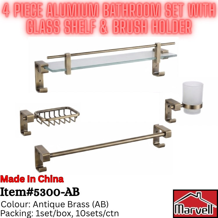 A 4-piece aluminum bathroom accessory set with glass shelf, brush holder, soap dish, and cup holder in an antique brass finish, shown on a white background with red and black text overlays and a Marvel logo.