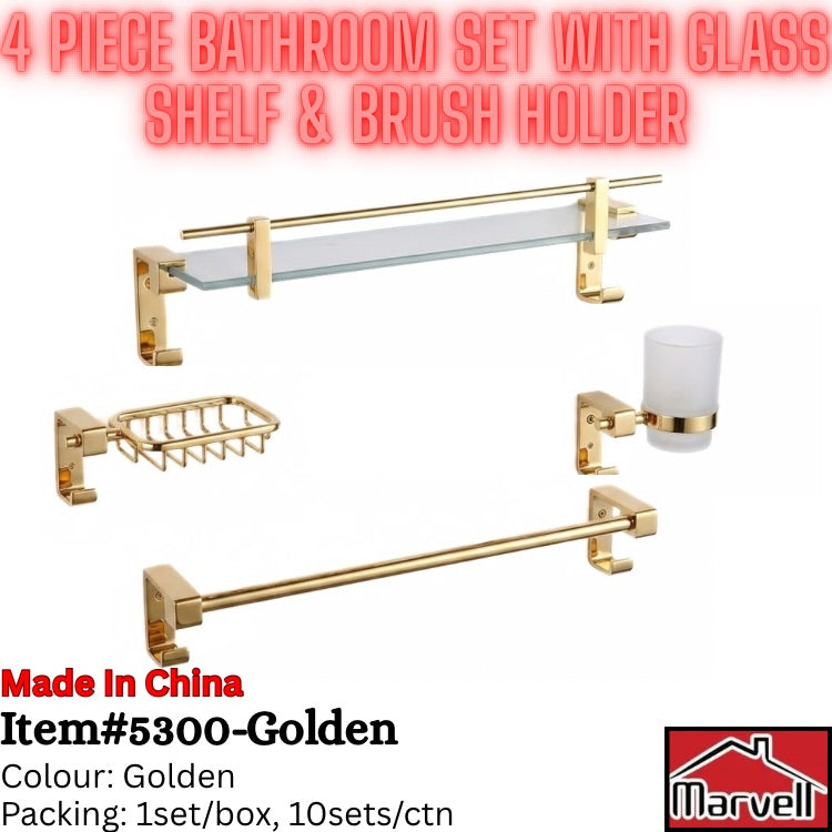 Four-piece bathroom accessory set in polished gold-tone metal with a glass shelf, brush holder, soap dish, and cup holder, shown on a white background with text overlays.