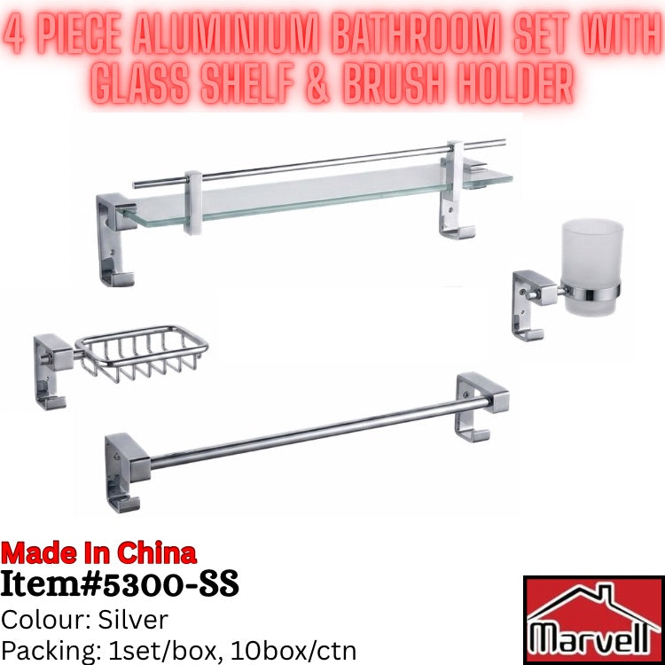 Four-piece silver aluminum bathroom set including a glass shelf, towel bar, soap basket, and cup holder, shown on a white background with product text and a Marvel logo.