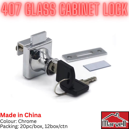 Chrome 407 glass cabinet lock with a key and mounting hardware on a white background, featuring text overlays and a Marvel brand logo.