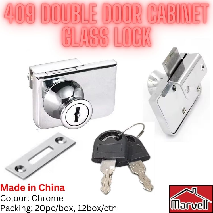 Chrome double door cabinet lock with two keys, a mounting plate, and a close-up of the lock mechanism on a white background with red text overlays.