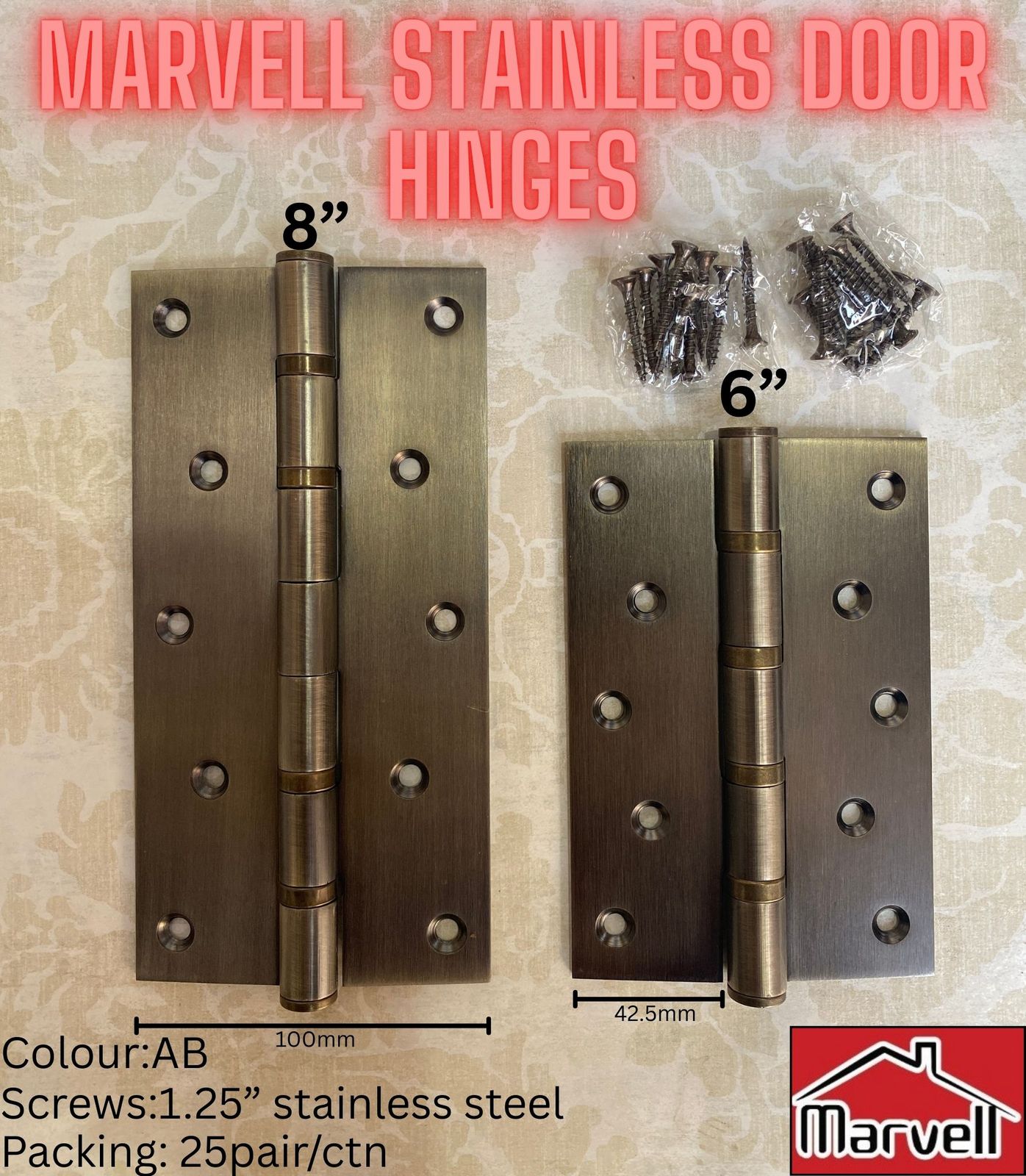 Marvell Stainless Steel Door Hinges AB Colour with Stainless Steel Screws in 3”,4”,5”,6” & 8” Sizes