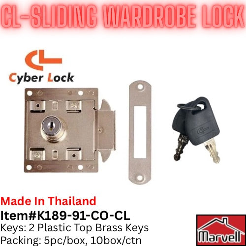 CL sliding wardrobe lock Cyber Lock Thailand with brass keys for cupboard and closet security
