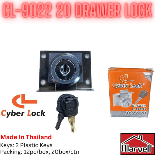 Cyber Lock CL-9022-20 drawer lock with plastic keys
Cabinet drawer lock with black plastic key head
Metal furniture lock with 2 plastic keys Thailand
Cyber Lock 9022-20 packaging and drawer lock
Heavy duty drawer lock with plastic grip keys
