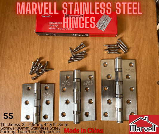 Marvell Stainless Steel Door Hinges SS Finish with Stainless Steel Screws in 3”,4”,5” & 8” Sizes