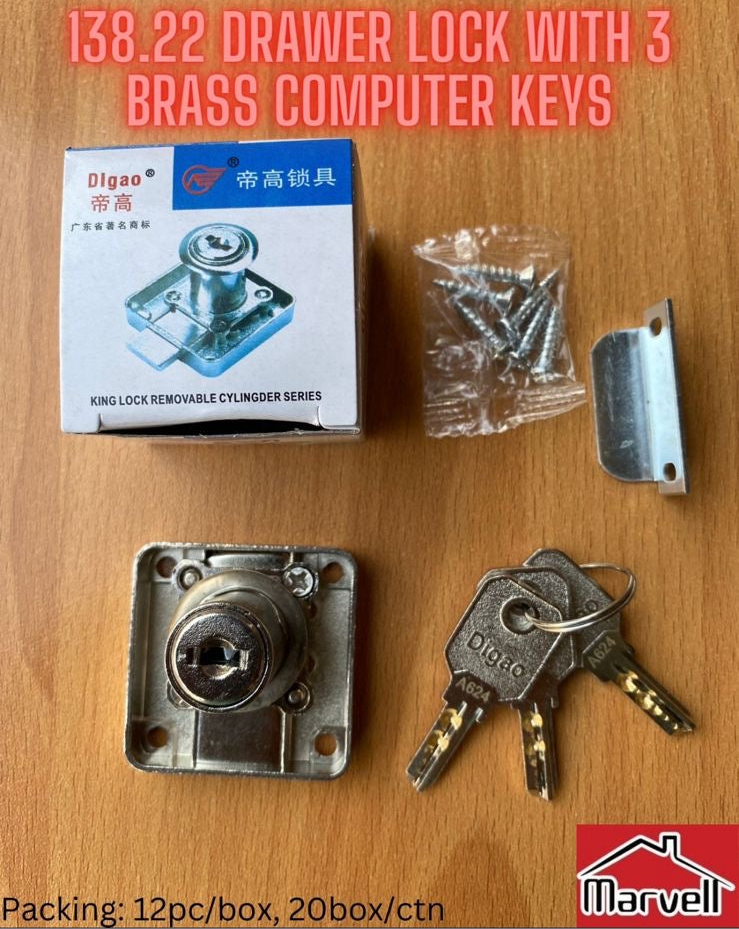 Digao 138.22 Drawer Lock with 2 & 3 Brass Computer Keys Option