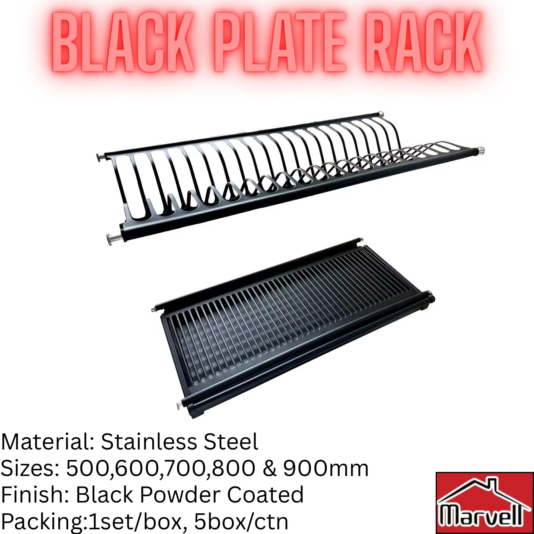 Black stainless steel wall mounted plate rack with drip tray, powder coated dish drainer in 500mm to 900mm sizes by Marvell
