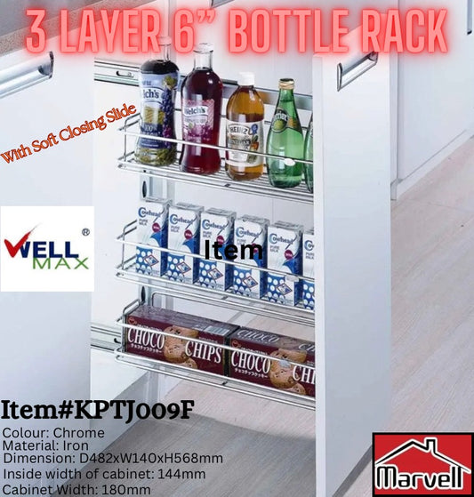 Wellmax 3 Layer/Shelf 6” Bottle Rack KPTJ009F (With Hydraulic/Soft Closing Slide)