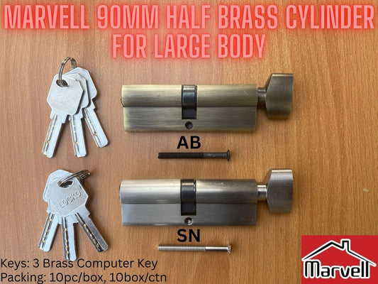 Marvell 90mm Half Brass Cylinder With 3 Brass Computer Keys For Large Lock Body