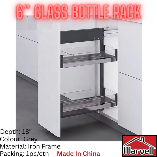 6 inch grey glass bottle rack pull-out kitchen cabinet organizer with iron frame 18 inch depth
