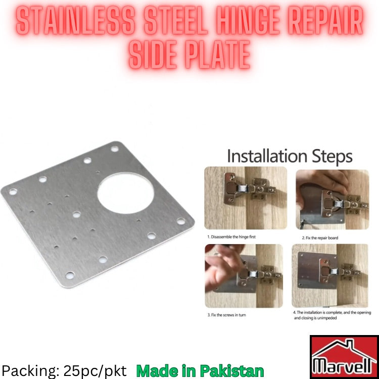 Stainless steel hinge repair side plate with installation steps shown for cabinet hinge repair