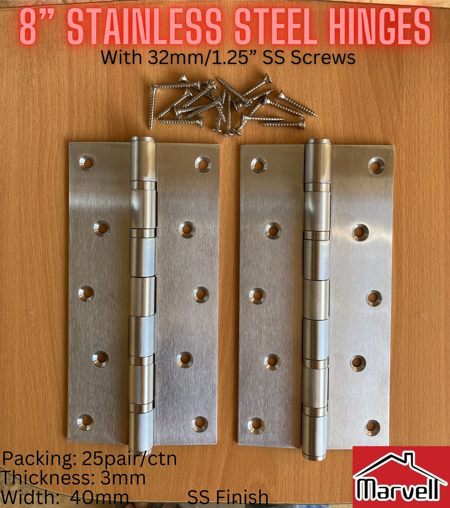 Marvell Stainless Steel Door Hinges SS Finish with Stainless Steel Screws in 3”,4”,5” & 8” Sizes