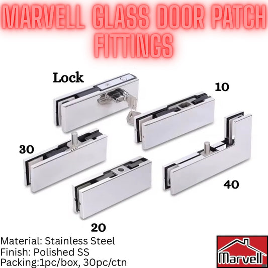 Marvell stainless steel glass door patch fittings set – lock, 10, 20, 30, 40 in polished finish
