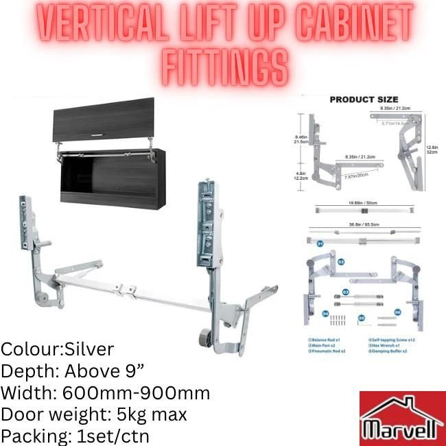 Vertical Lift-Up Cabinet Fittings – Hydraulic Kitchen Cabinet Lift System (Silver)