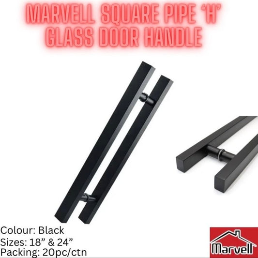 Marvell Square Pipe ‘H’ Shaped Glass Door Handle in Black Colour