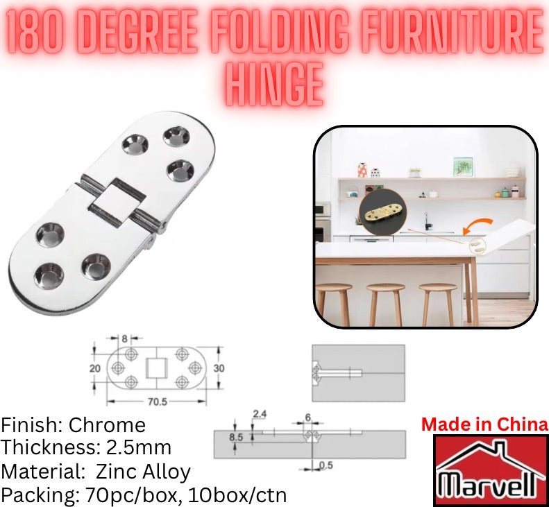 Chrome 180 degree folding furniture hinge for tables and cabinets – Marvell zinc alloy concealed hinge.