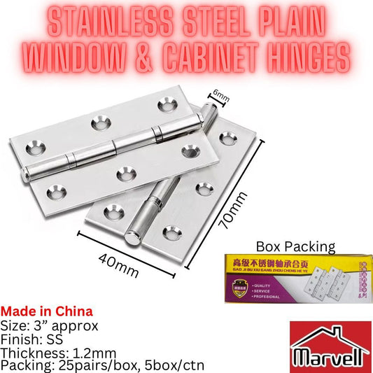 Stainless Steel Plain Window & Cabinet Hinge 3”