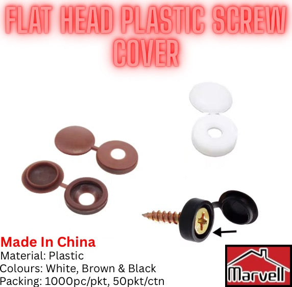 Flat head plastic screw covers in white, brown and black colors with open-and-close cap design, Marvell hardware screw cover for furniture and woodworking, wholesale packing available in Karachi Pakistan.