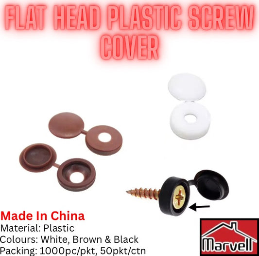 Flat head plastic screw covers in white, brown and black colors with open-and-close cap design, Marvell hardware screw cover for furniture and woodworking, wholesale packing available in Karachi Pakistan.