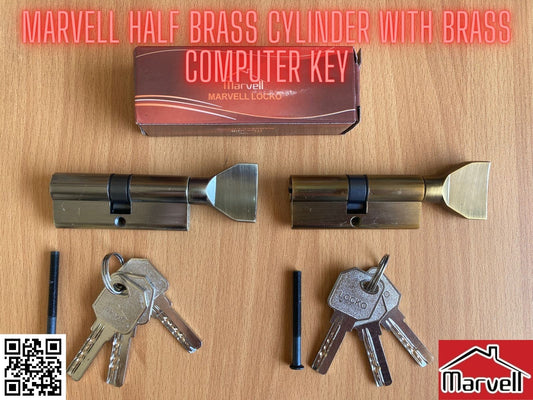 Marvell Half Brass Cylinder With 3 Brass Computer Keys For Medium Lock Body