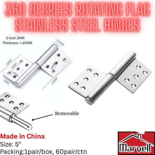 Marvell 360 Degree Rotating Flag Stainless Steel Hinge 5 inch – Removable Pin – 1.65mm Thick – Heavy Duty Door and Panel Hinge
