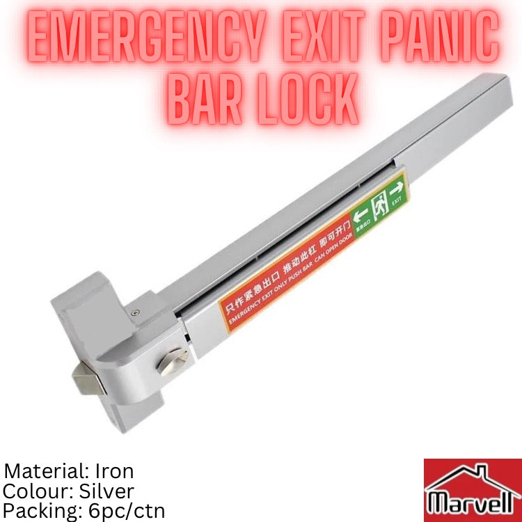 Silver iron emergency exit panic bar lock installed on door for quick push-to-open safety exit during emergencies.