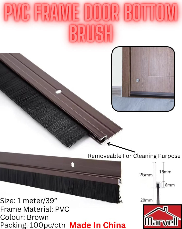 “Brown PVC door bottom brush seal with removable nylon bristles for easy cleaning, used to block dust and air under doors, Marvell Hardware product.”
