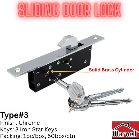Marvell Sliding Door Lock – Type #3 | Solid Brass Cylinder | Chrome Finish | 3 Iron Star Keys | Heavy-Duty Sliding Door Security