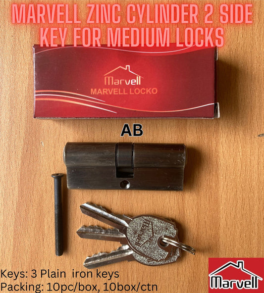 Marvell 2 Side Key Zinc Alloy Cylinder with 3 Iron Plain Keys For Medium Size Lock Body