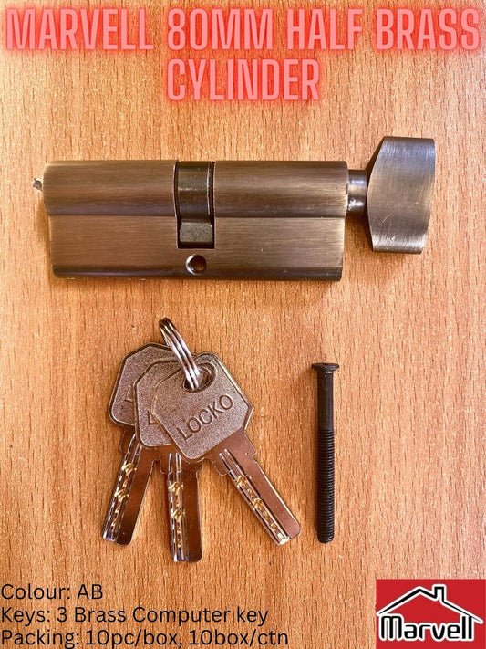 Marvell 80mm Half Brass Cylinder With 3 Brass Computer Keys in AB Colour